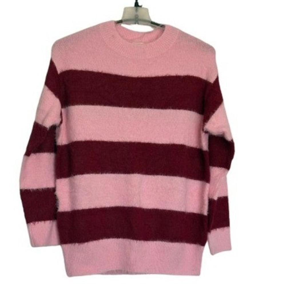 Universal Thread Pink Burgundy Striped Fuzzy Eyelash Knit Crewneck Sweater Small - Picture 2 of 9